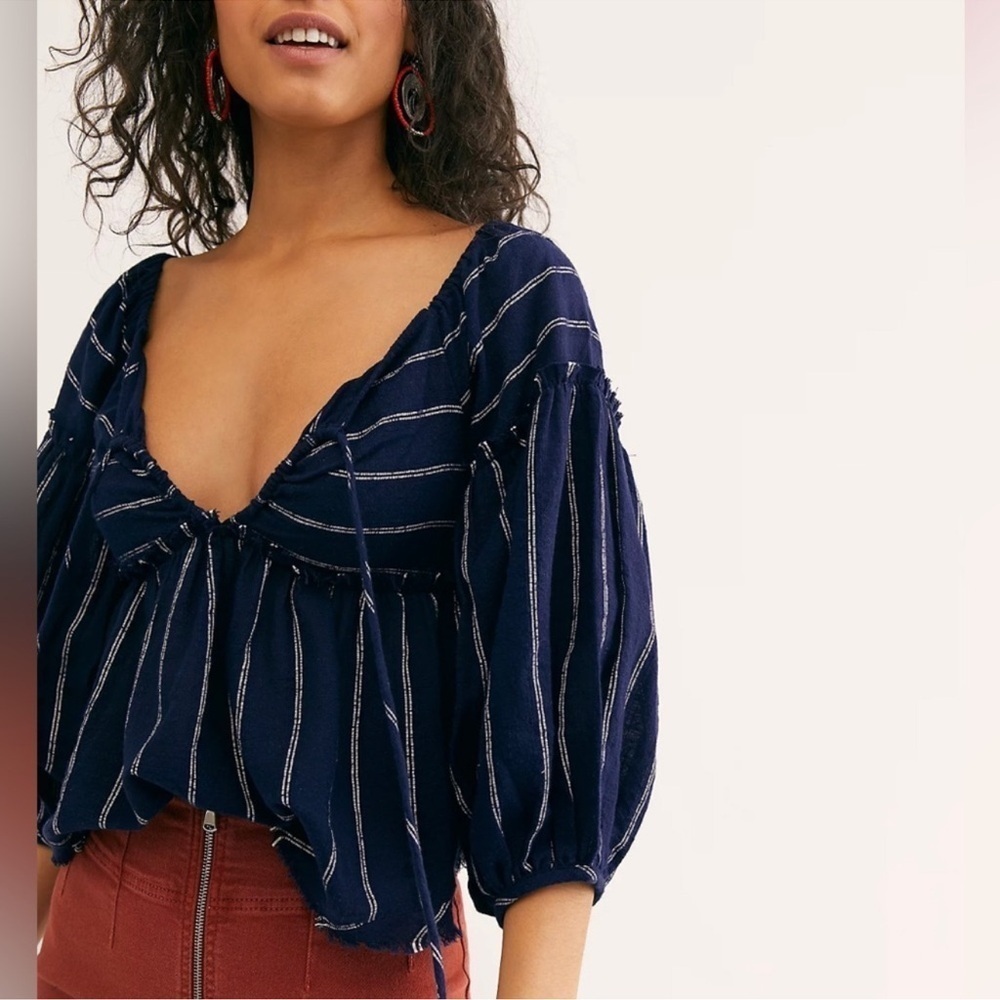 Free People Balloon Sleeve Cropped Fringe Ham Boho Top Striped Every SZ:S - NWT